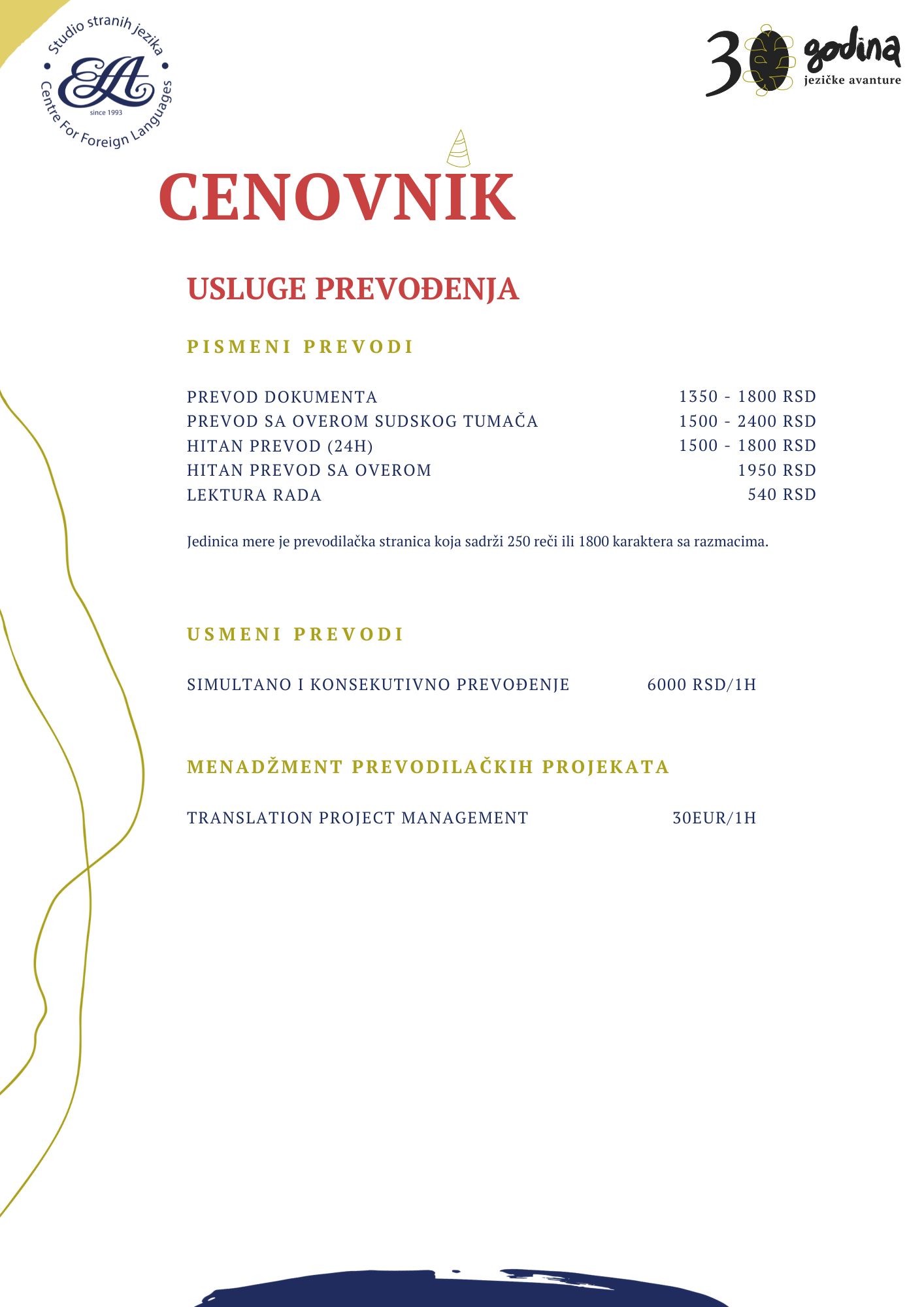 Cenovnik za usluge prevođenja 2024.
